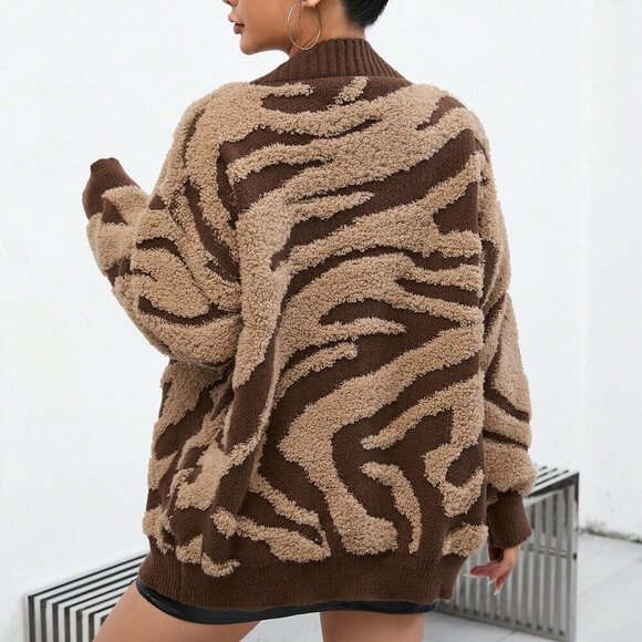 Brown Casual Women's Graphic zebra animal Print Drop Shoulder sweater Cardigan - Picture 3 of 6